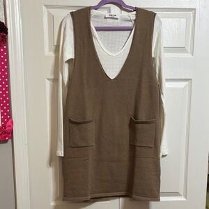 Double Zero Off-White Ribbed Knit Henley Top with sweater shift dress.